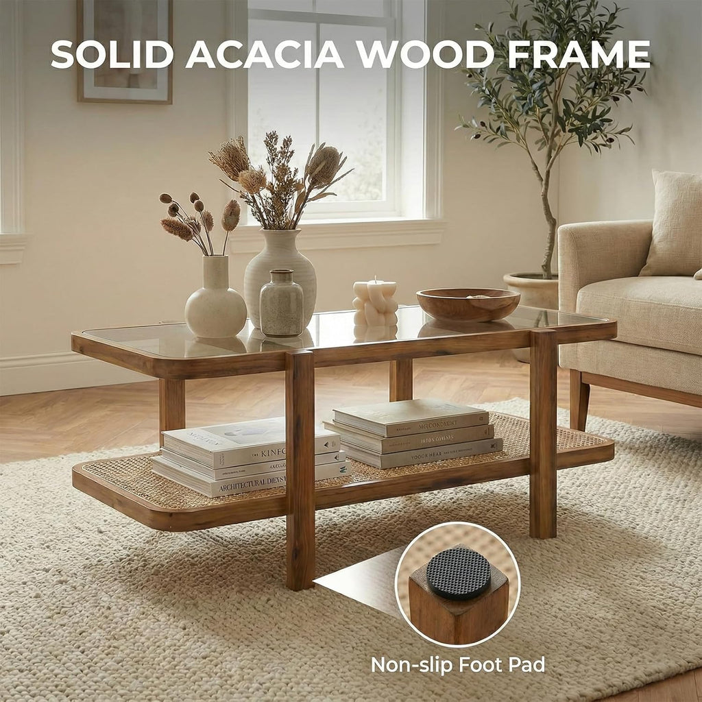 NAFORT Rattan Coffee Table, 47.5' Rectangular Glass Top Coffee Table with Solid Wood Frame and PE Rattan Storage Shelf, 2-Tier Boho Farmhouse Center Table for Living Room or Apartment