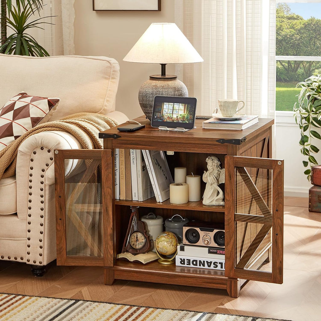 Joaxswe Farmhouse End Table with Charging Station, 24' Large Sofa Side Table with Glass Barn Door, Nightstand with Adjustable Storage Shelf,Wood Square Bedside Table for Living Room,Bedroom
