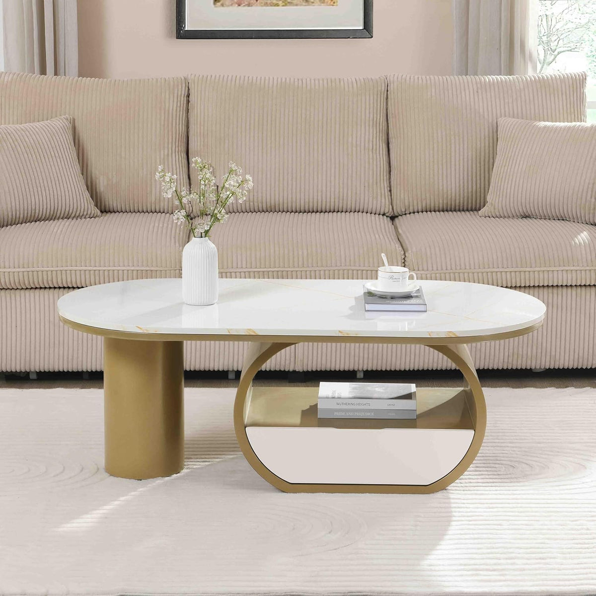 Modern Oval Coffee Table, 47.24' White Faux Marble Coffee Table with Storage Drawer, Luxury Living Room Coffee Accent Center Table with Gold Base for Apartment