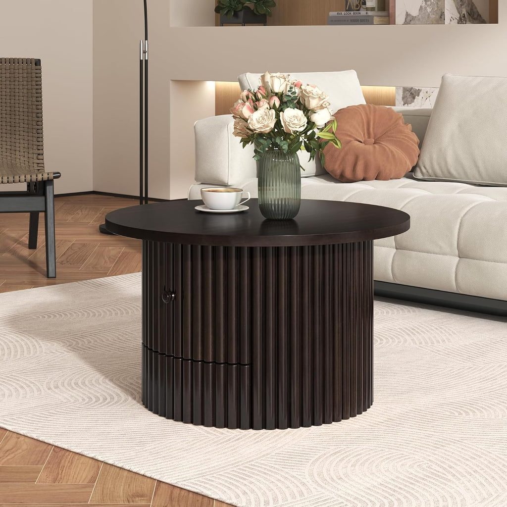 Round Coffee Table for Living Room in Dark Brown, Farmhouse Coffee Table with a Drawer, Center Table with Vertical Slat Base in 30.5'