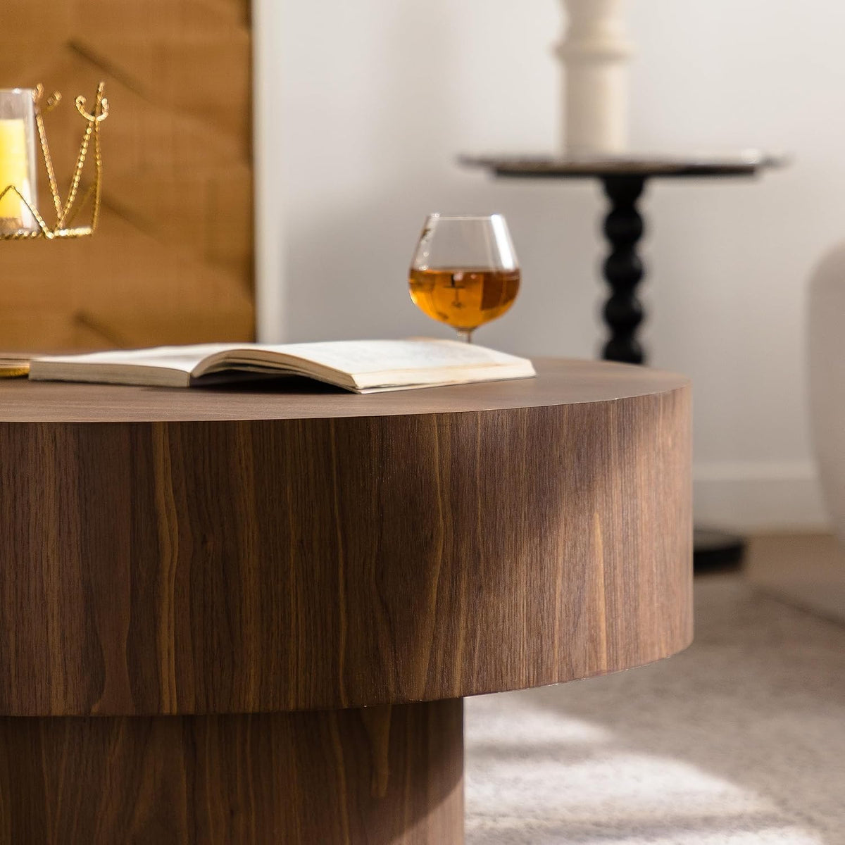 KEVINSPACE Round Wood Coffee Table, Fluted CoffeeTable Handcraft Drum TeaTable CenterTable for Living Room, Modern Wooden CocktailTable for Small Space, Easy Assembly 30.51' Walnut