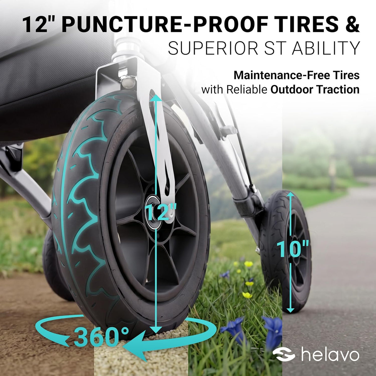 Helavo All Terrain Walker with Puncture-Proof, Flat-Free Solid Rubber Tires, 12' Wheels - Foldable Outdoor Walker for Seniors with Seat, Ergonomic Handles and Extra Padded Backrest