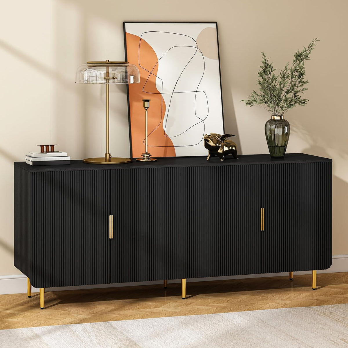 65' Fluted Sideboard Buffet Cabinet with Storage, Console Cabinet with 4 Doors & Adjustable Shelves, Modern Buffet Table for Kitchen Dining Living Room Hallway‌ Entryway, Black