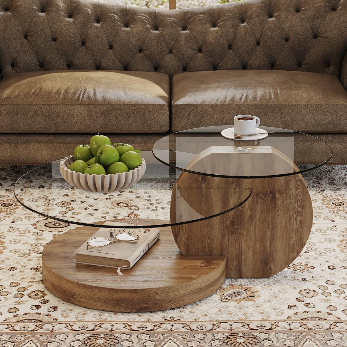 42' Glass Coffee Table｜Round Coffee Table｜3-Tier Design with Tempered Glass Tabletop｜Wood Color Wooden Base｜Large Storage Space｜Smooth Edge｜Ideal for Living Room｜Easy Assembly