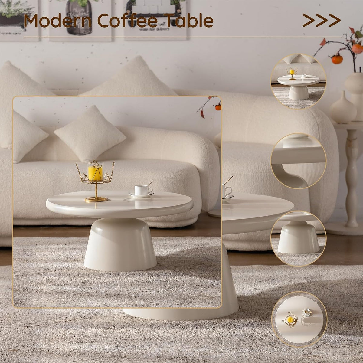 Cream White Round Coffee Table with Stylish Curve, Mid Century Modern Drum Coffee Table, Minimalist Farmhouse Center Furniture, for Living Room Apartment Office (D)