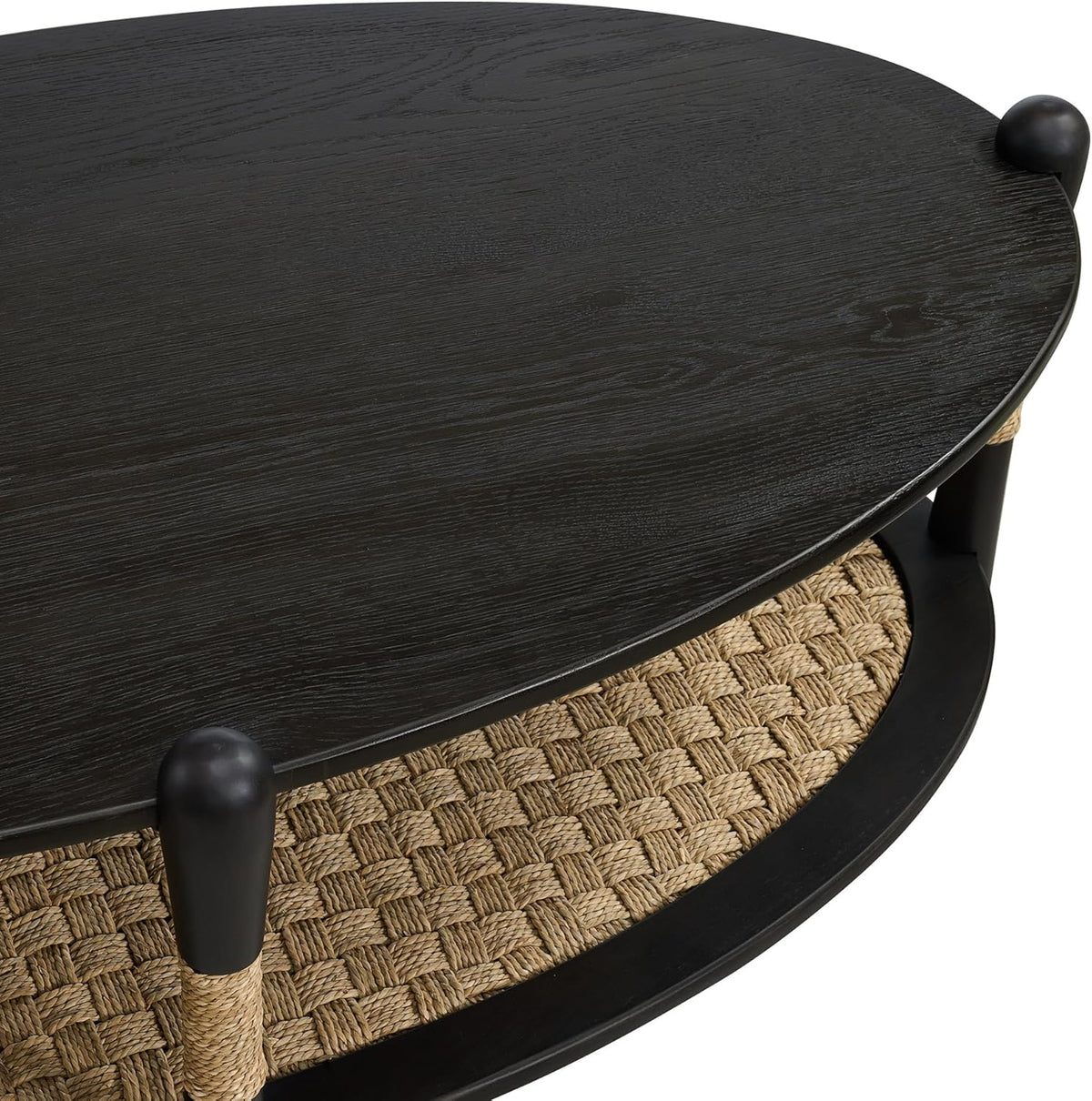 Harbor Oak 46' Oval Oak Wood Coffee Table with Seagrass Accents and Shelf Storage | Coastal Boho Cocktail Table. Black Smoked Oak Finish.