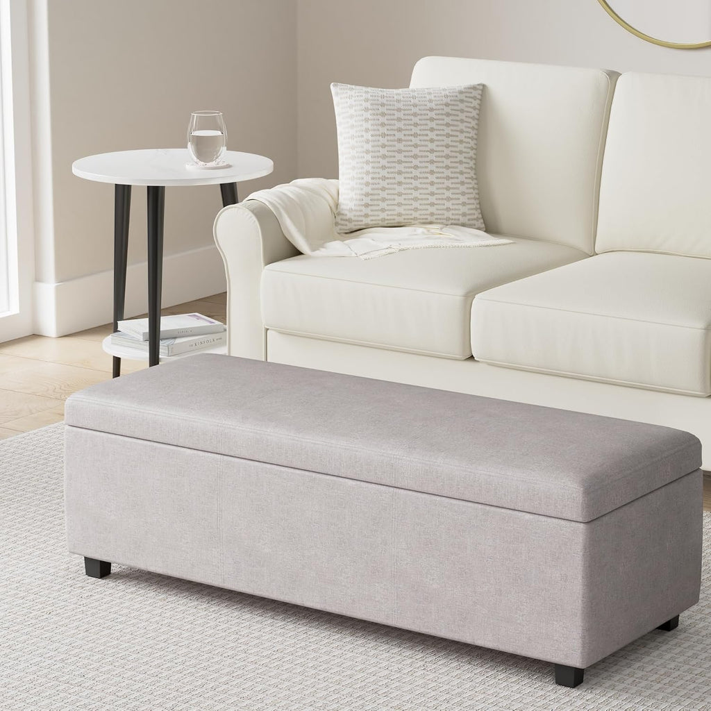 SIMPLIHOME Avalon Storage Ottoman Bench - 48' Wide x 16' High Upholstered Linen Look Fabric Rectangular Lift-Top Ottoman in Cloud Grey, Contemporary Bench for Living Room with High-Density Foam