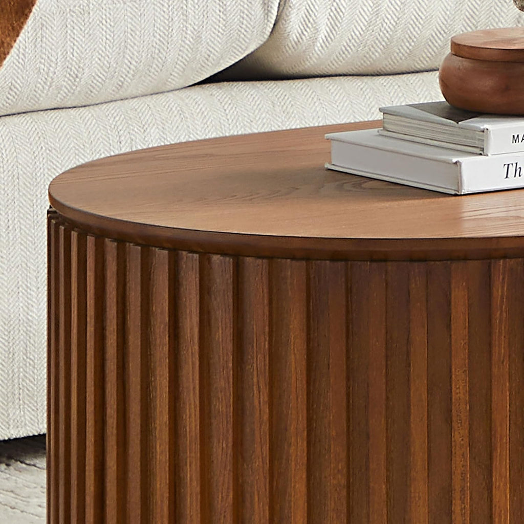 51.18'' Oval Coffee Table for Living Room Fluted Center Table with Drawer, Mid Century Modern Coffee Tables, Easy Assembly for Office Storage Tea Table Brown