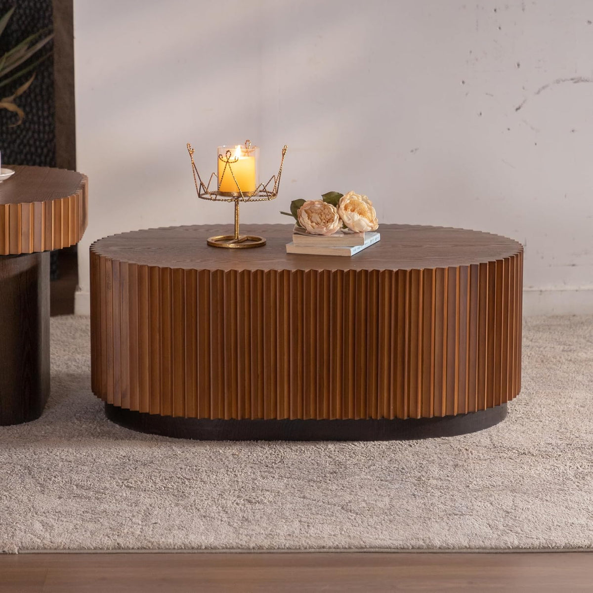 Tianyb Handcrafted Oval Nesting Coffee Table Set of 2, Modern Accent Table with Fluted Wave Stripe Edge Design, Solid Wood & MDF Living Room Center Furniture, Walnut Brown