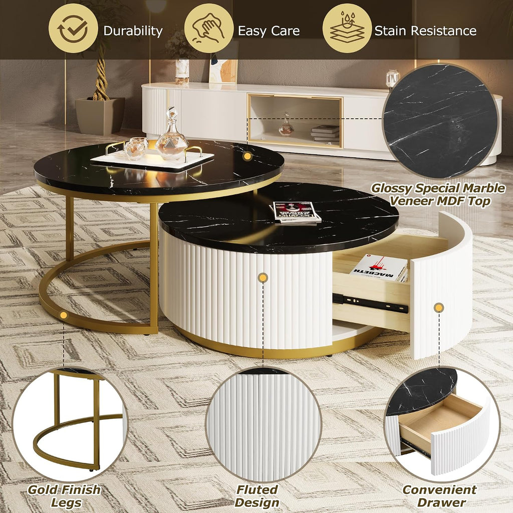 31.5' Black Round Nesting Coffee Table, Modern Coffee Table for Living Room with Storage Drawer Marble Tabletop End Side Table for Bedroom Dining Room