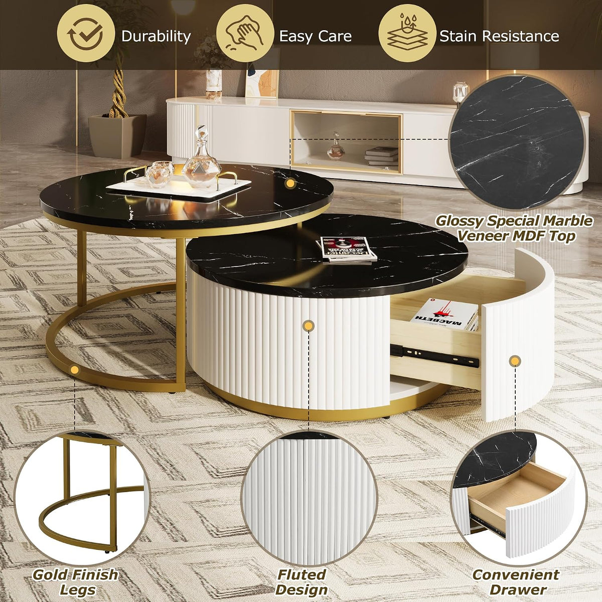 31.5' Black Round Nesting Coffee Table, Modern Coffee Table for Living Room with Storage Drawer Marble Tabletop End Side Table for Bedroom Dining Room