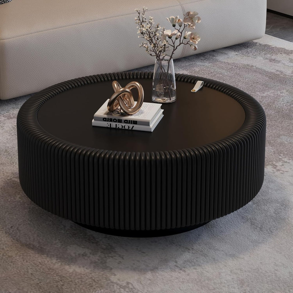 31.5' Black Round Coffee Table, Modern Fluted Drum Center Table with Hidden Storage & Tempered Glass Top & PU Leather Body, Minimalist Circle Glass Coffee Tea Tables for Living Room