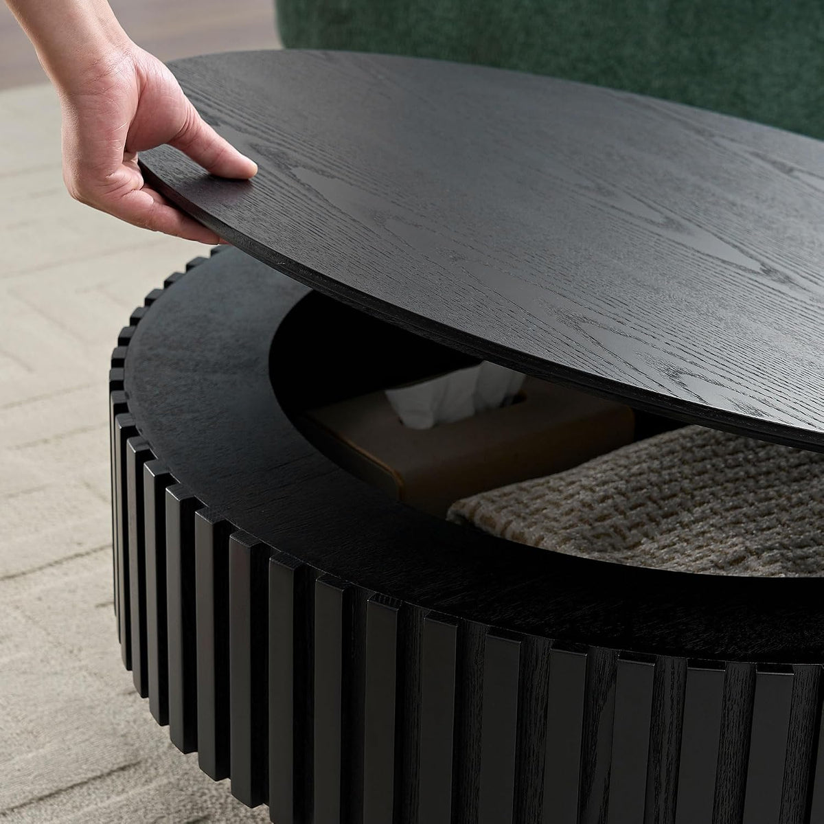 JUSTONE 31.5 Inch Round Farmhouse Coffee Table with Storage, Sturdy Pedestal Base Living Room Center Table for Lounge, Office, Apartment, Black