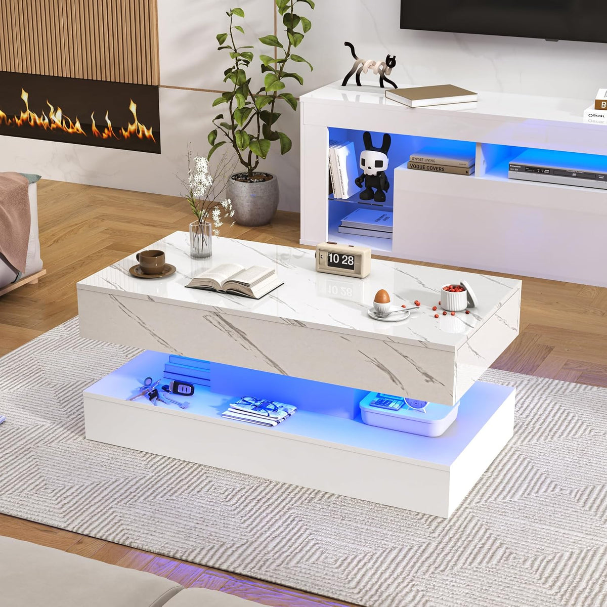 chartustriable 39.4' Large High-Glossy LED Coffee Table with 2 Sliding Drawers, Living Room Storage Coffee Tables with Marbling Print, Modern Stylish Double-Layer Center Tables w/LED Lights, White