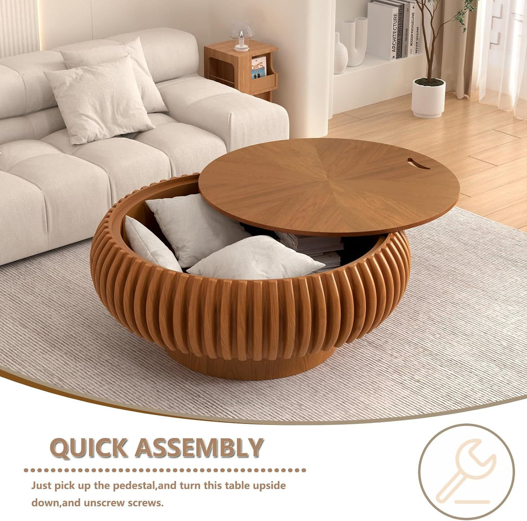 Round Handcraft Fluted Coffee Table with Sturdy Stable Pedestal Modern Luxury Drum Center Table Circle Accent Base Center Tables for Living Room Apartment (Q)