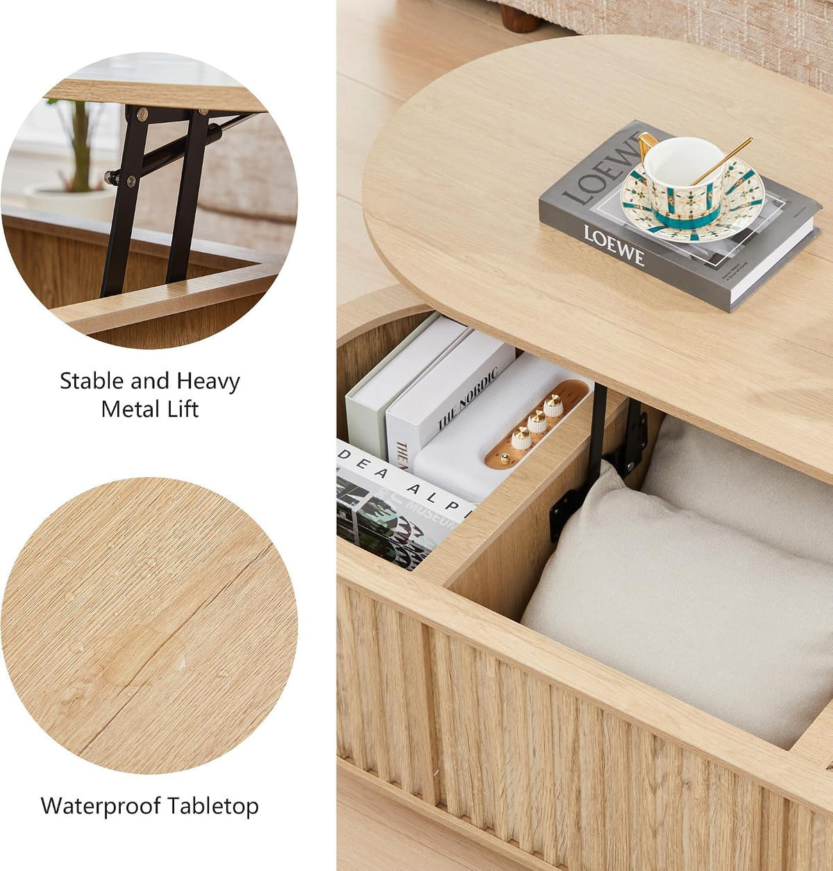 Oval Lift Top Coffee Table with Storage, 43.3'Mid Century Modern Center Table with Hidden Compartment, Fluted Wooden Lift Tabletop Dining Table for Living Room Apartment Home Office,Natural