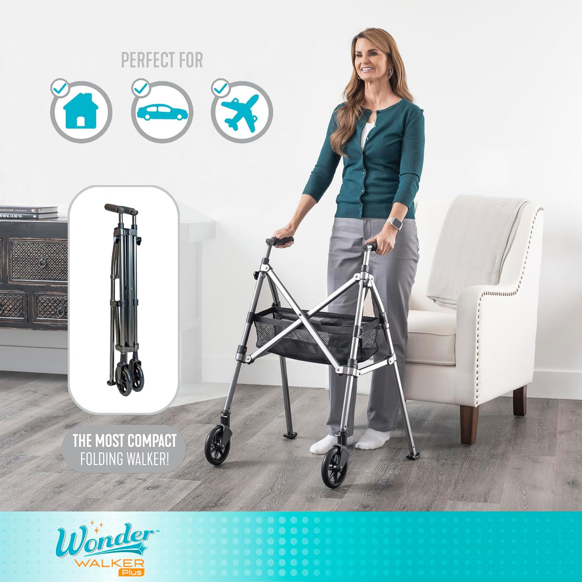 Stander Wonder Walker Plus Short, Lightweight Junior Folding Mobility Aid for Petite Adults, Seniors, and Elderly, Collapsible Travel EZ Fold-N-Go with Wheels, Glides & Basket, Sport Red