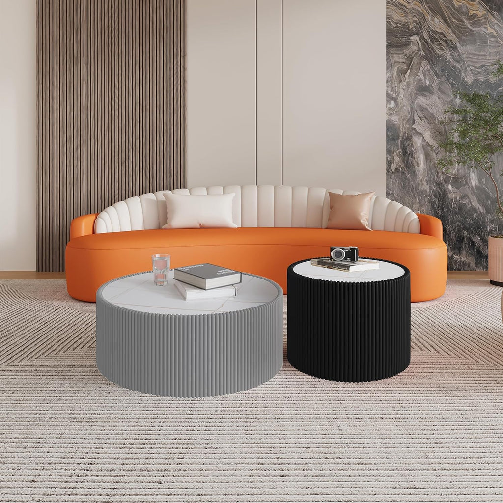 GDFStudio Modern Round Coffee Table, Luxury Sintered Stone Top Circle Coffee Table with PU Leather Drum Base, Creative Shape Small Tables for Living Room Side Tables, Fully Assembled, Grey-Large