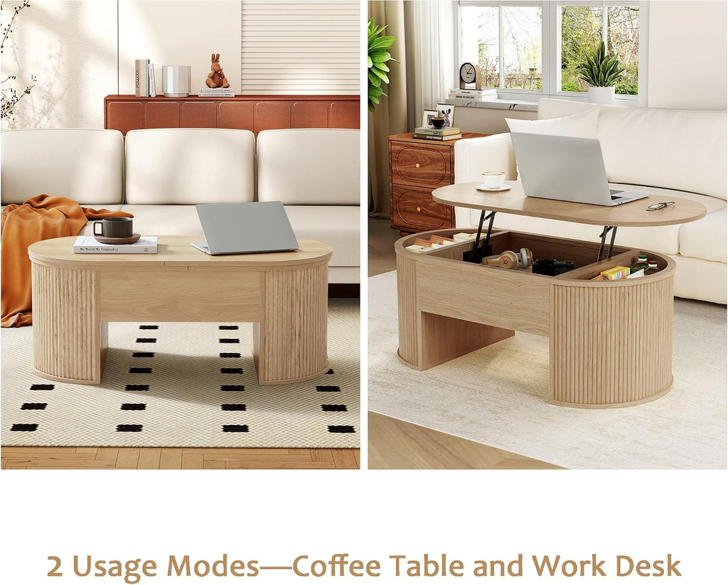 ORRD Lift Top Coffee Table, Fluted Coffee Table with Lifting Top, Wooden Lift Up Dining Table with Hidden Compartment, Center Table for Living Room, Office - Oak