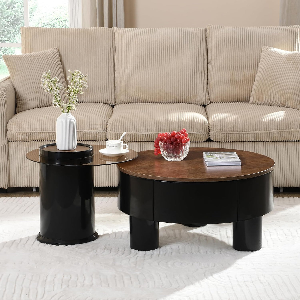 Modern Nesting Coffee Table Set of 2, 2-Piece Round Decorative Living Room Table Set with Brown Wooden Top and Black Plastic Base and 1 Drawer, Round Coffee Table and End Table Set