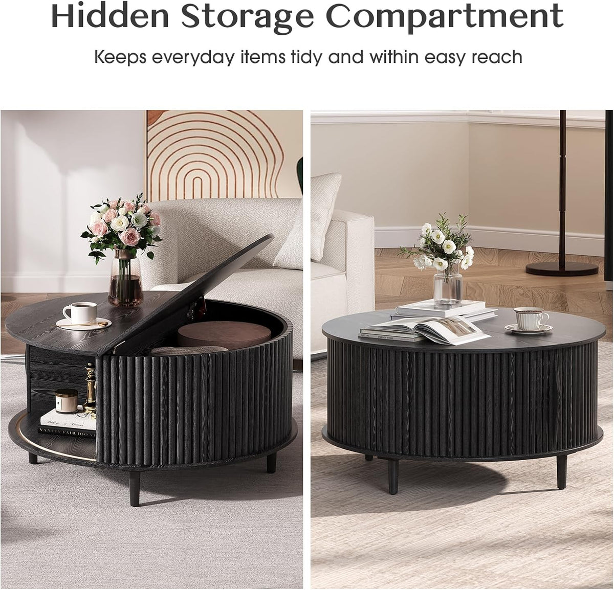 SULIVES Black Round Coffee Table with Storage, 31.5' Wood Drum Table, Fluted Circle Center Table for Living Room, Modern Mid Century Furniture with Sliding Door