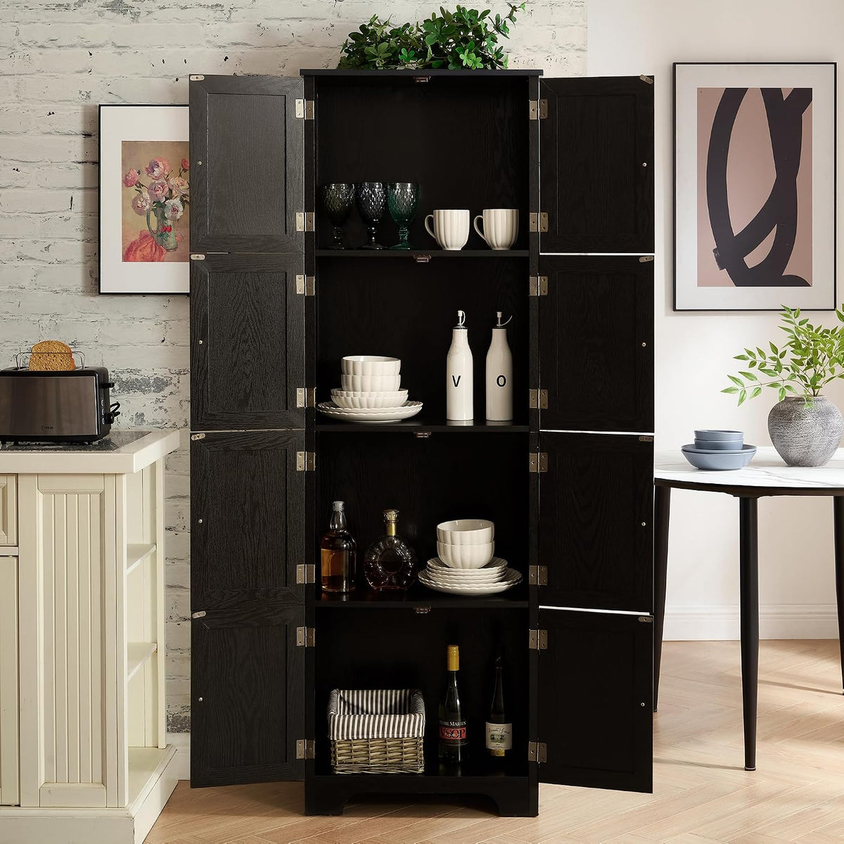 72' H Farmhouse Storage Cabinet, 4 Tier Kitchen Pantry Cabinet with 4 Shelves, 8 Doors Freestanding Floor Storage Cabinet Wooden Organizer Bookcase for Living Room & Kitchen (Black)