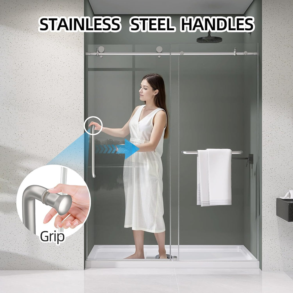 Frameless Shower Door 56-60' W x 75' H Single Sliding Shower Glass Doors for Walk-in Bathroom 1/4' Clear Easy Clean Glass Extra Tall Modern Bathroom Doors in Brushed Nickel