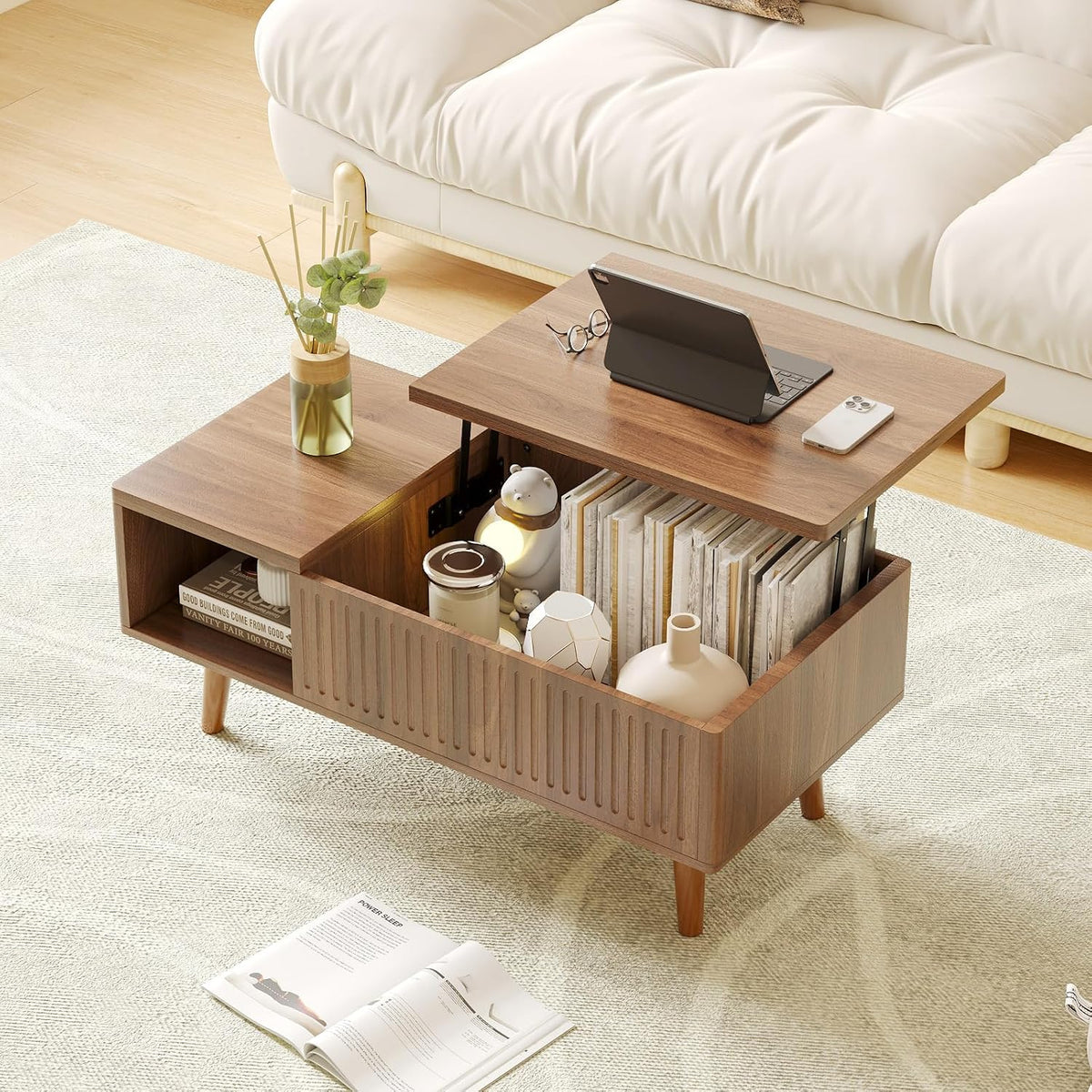 Lift Top Oval Coffee Table with Storage, 2-in-1 Height Adjustable Modern Coffee Table for Small Living Room & Apartment (Walnut)