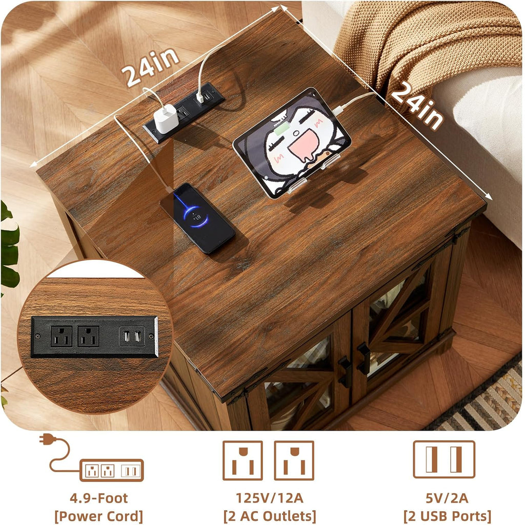 Joaxswe Farmhouse End Table with Charging Station, 24' Large Sofa Side Table with Glass Barn Door, Nightstand with Adjustable Storage Shelf,Wood Square Bedside Table for Living Room,Bedroom