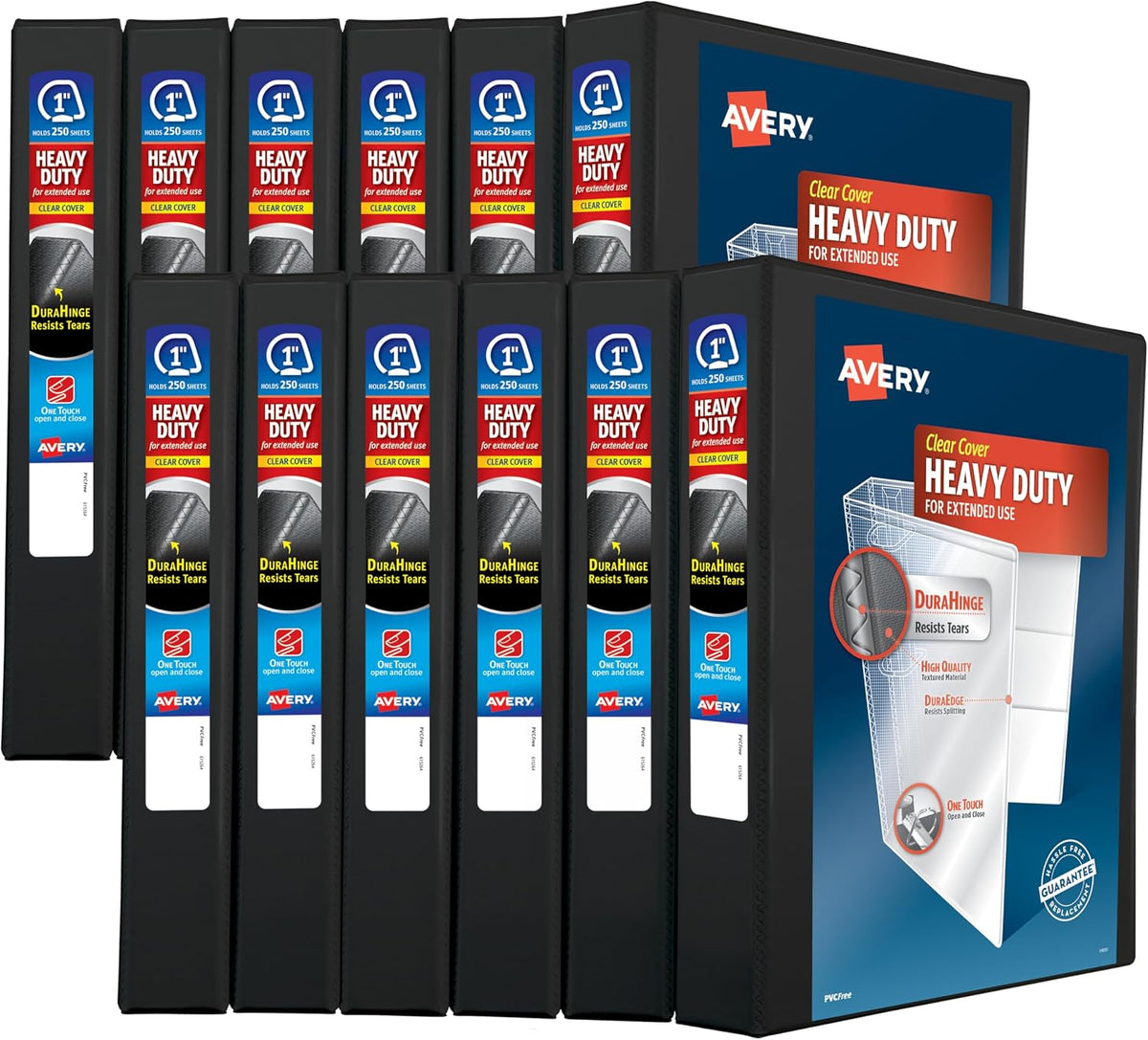 Avery Heavy-Duty View Binder, 1' EZD One Touch Rings, 275-Sheet Capacity, DuraHinge, 12 Black Binders (79699)