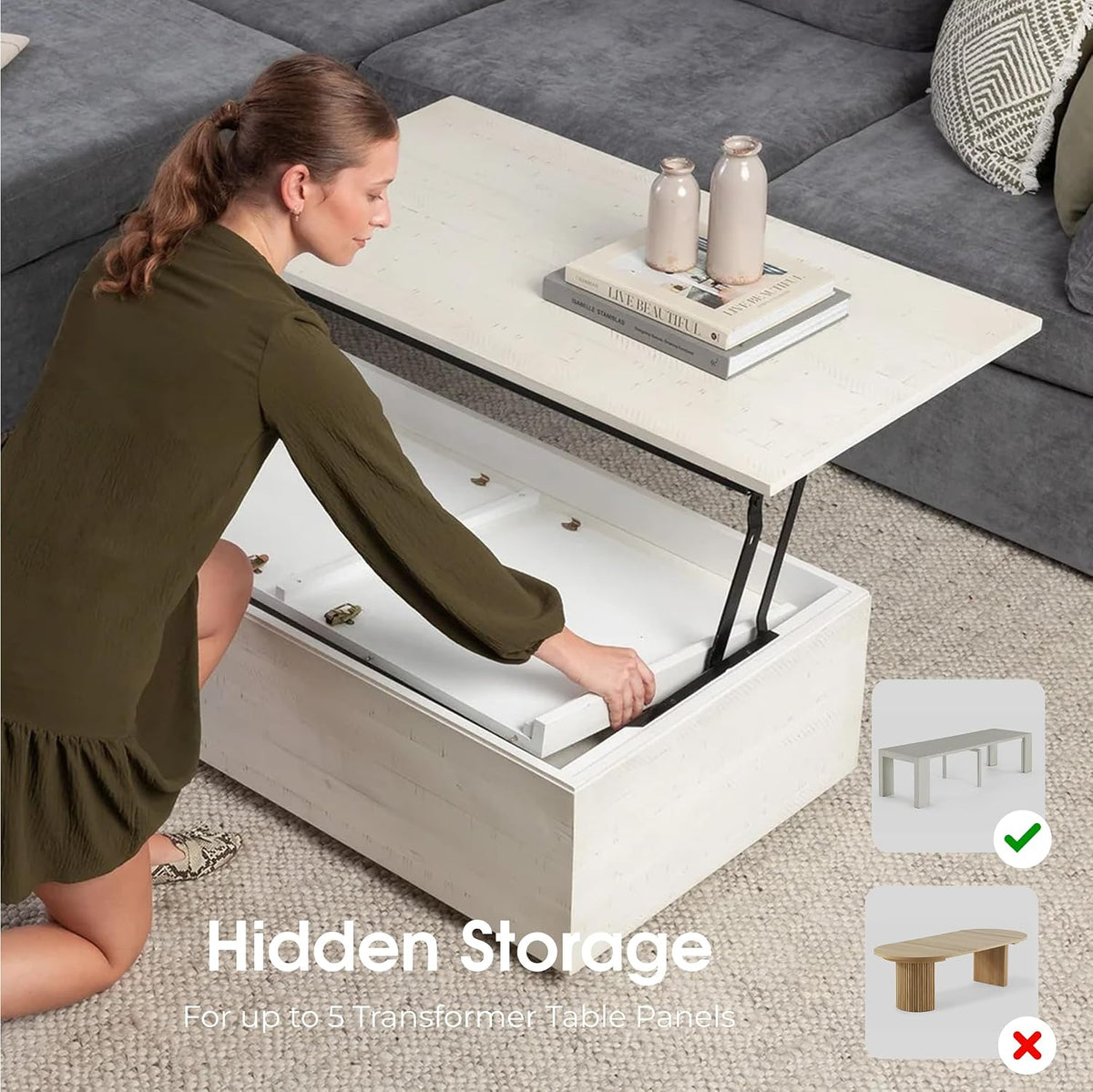 Transformer Table - Lift Top Coffee Table with Storage, Modern Coffee Table for Living Room, Work & Dining, Space-Saving Small Coffee Desk with Hidden Storage, White