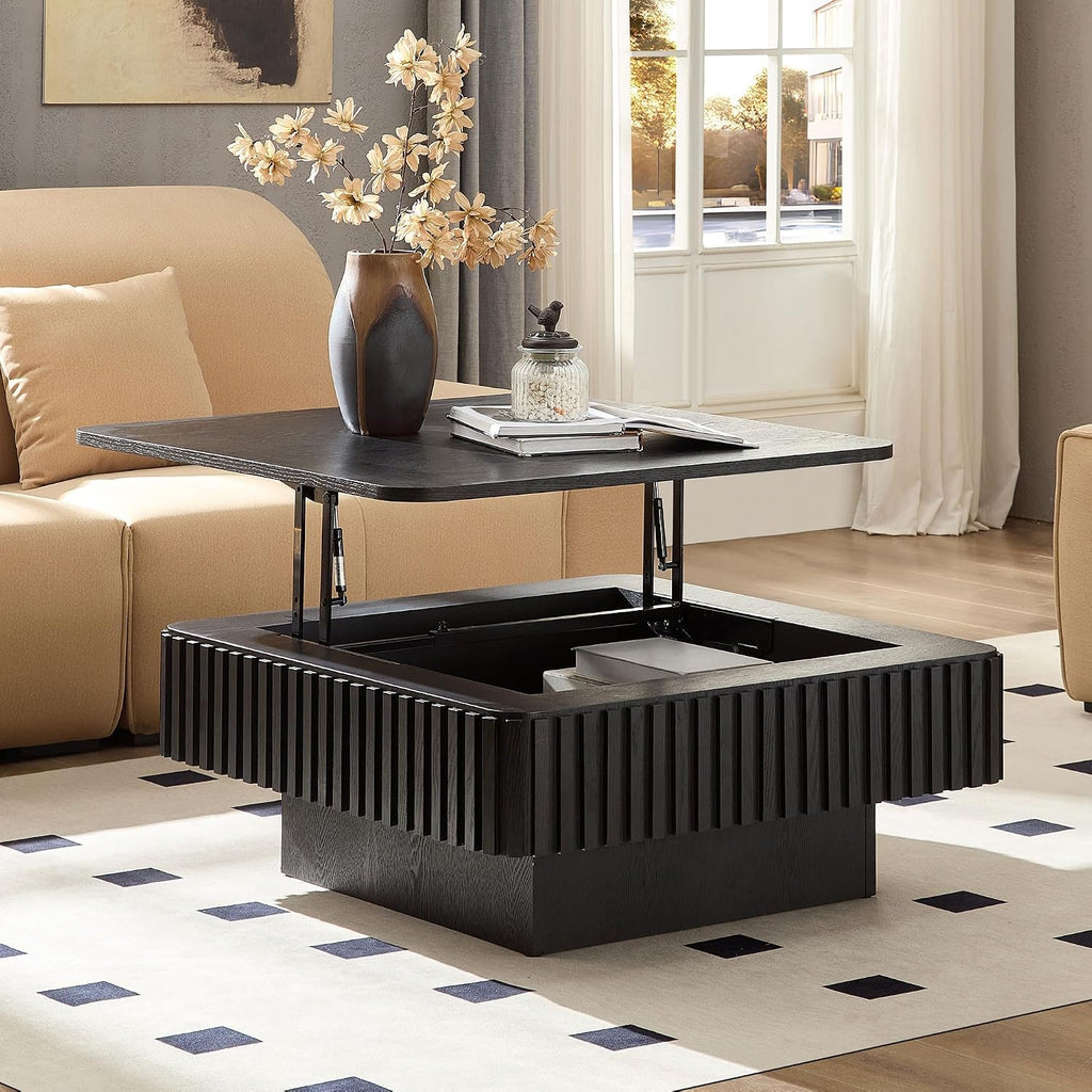 Coffee Table with Lifting Top Storage for Living Room,Fluted Lift Top Coffee Tables with Storage Solid Wood Center Table 35.43' Modern Square Lift Pull Up Tabletop for Apartment Office,Black