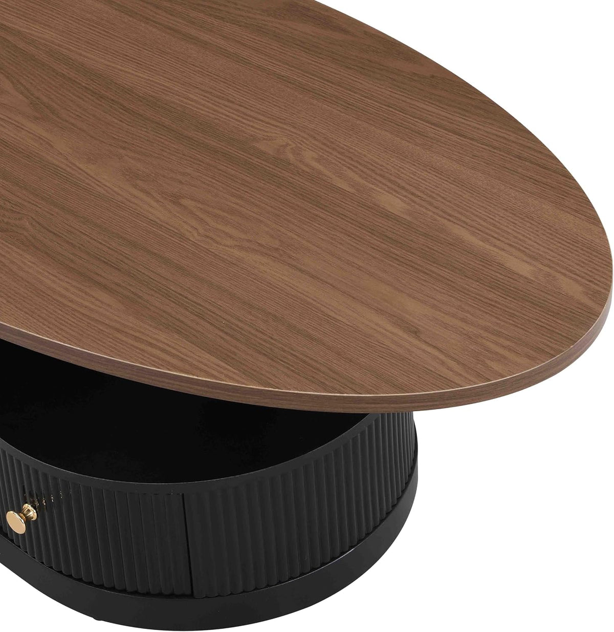 Modern Nesting Coffee Table Set of 2, 2-Piece Oval Decorative Living Room Table Set with Brown Wooden Top and Black Metal Base and 1 Drawer, Oval Coffee Table and Round End Table Set