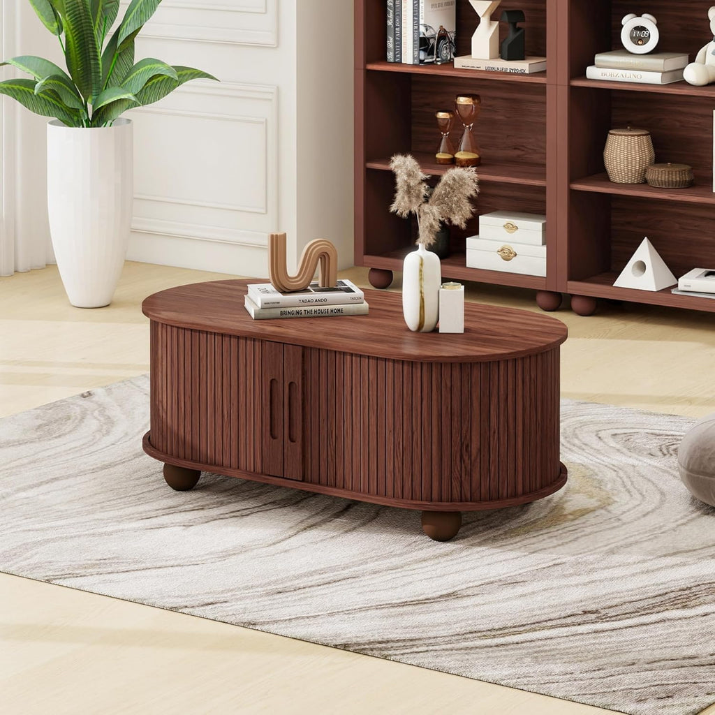 40' Walnut Oval Coffee Table with Storage, Mid Century Modern Coffee Table with Sliding Tambour Door,Wood Center Table for Living Room, Reception Room, Entertainment Room, Courtyard