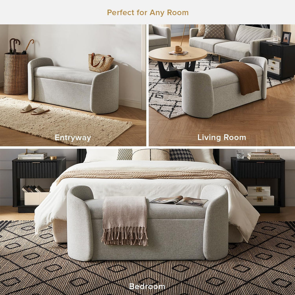 mopio Sophie 51' Ottoman Storage Bench, Entryway and Window Seating, End of Bed Curved Stool for King & Queen Bed, Storage Chest for Bedroom (Light Gray Fabric)