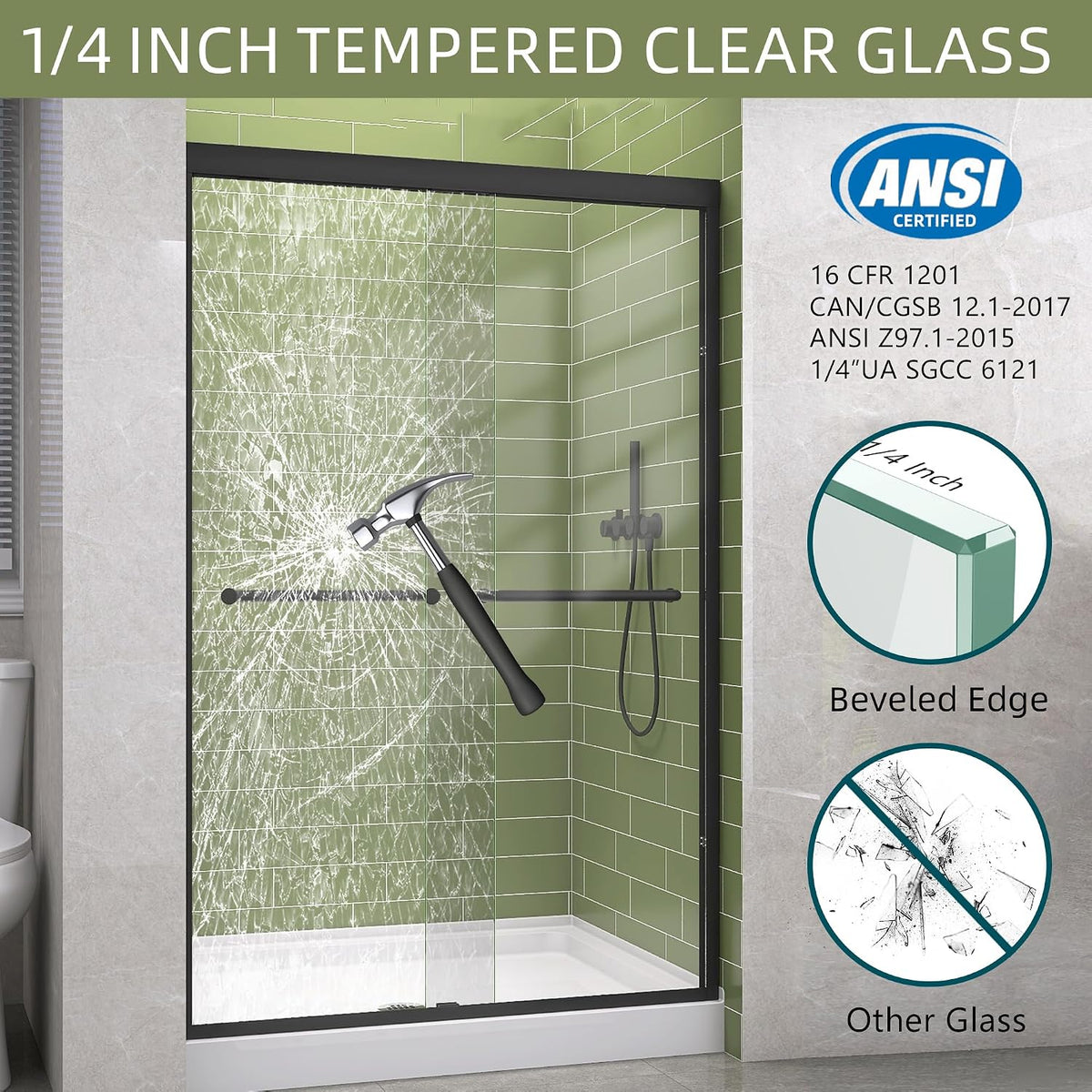 GETPRO Sliding Shower Door 44-48 in. W x 72 in. H Semi-Frameless Bypasss Double Sliding Glass Shower Doors,1/4 inch Clear Tempered Glass Door for Walk-in Shower Matte Black