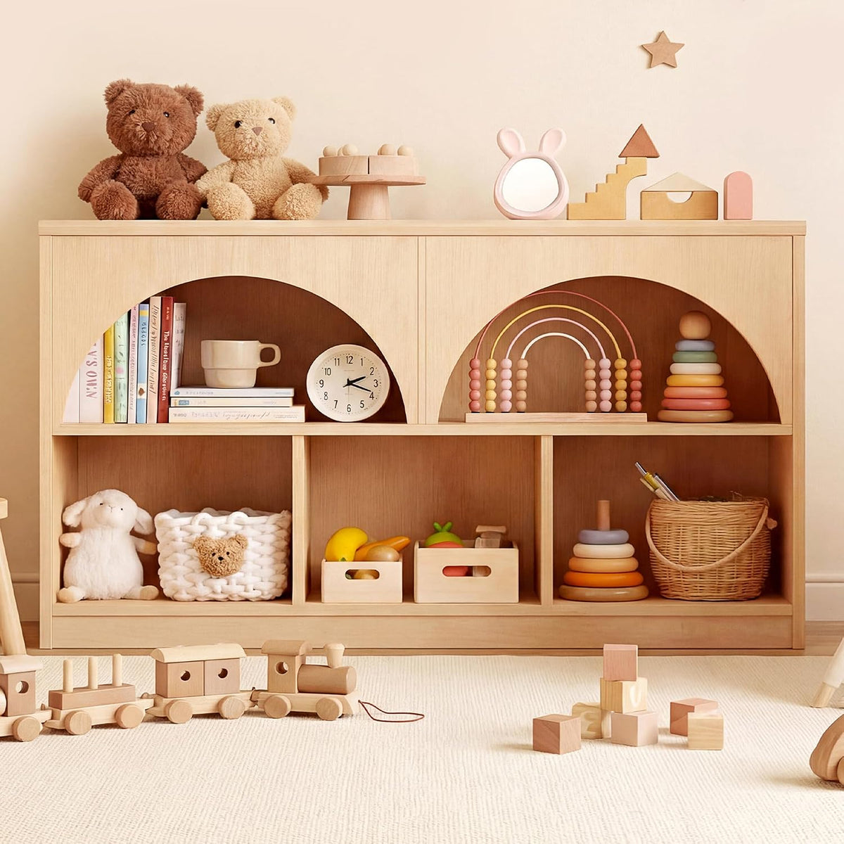 Fatmok 2-Shelf Bookcase, Arched Design Wooden Toy Storage Organizer and Storage for Books Toys, 5-Section Montessori Bookshelf for Kids Rooms, Playroom, Nursery, Kindergarten (Natural)