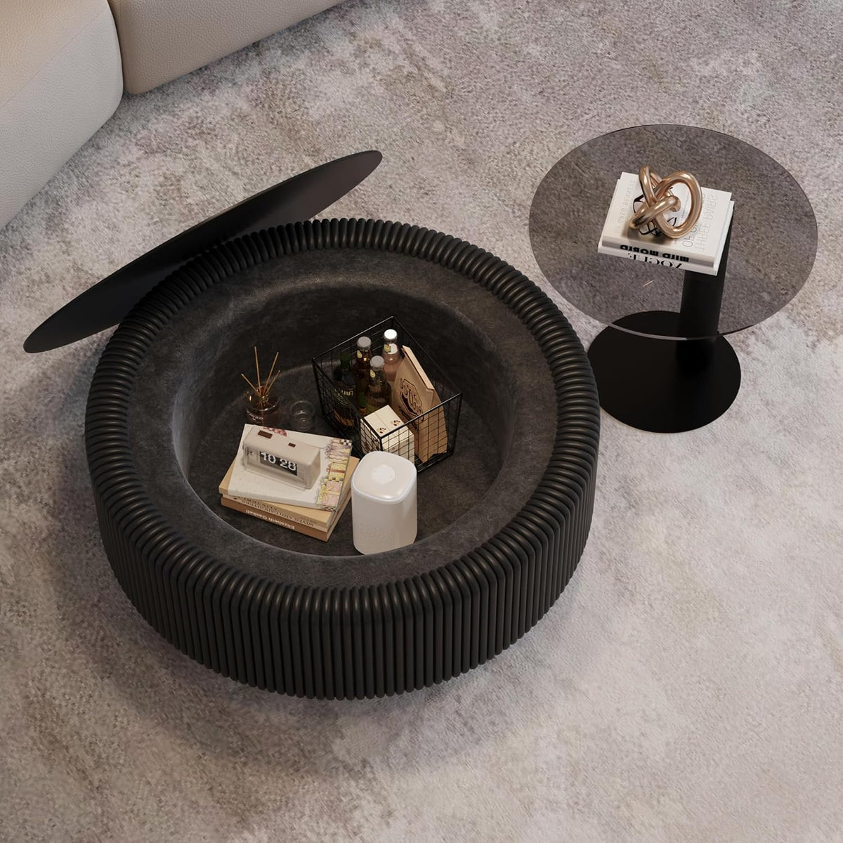31.5' Black Round Coffee Table, Modern Fluted Drum Center Table with Hidden Storage & Tempered Glass Top & PU Leather Body, Minimalist Circle Glass Coffee Tea Tables for Living Room