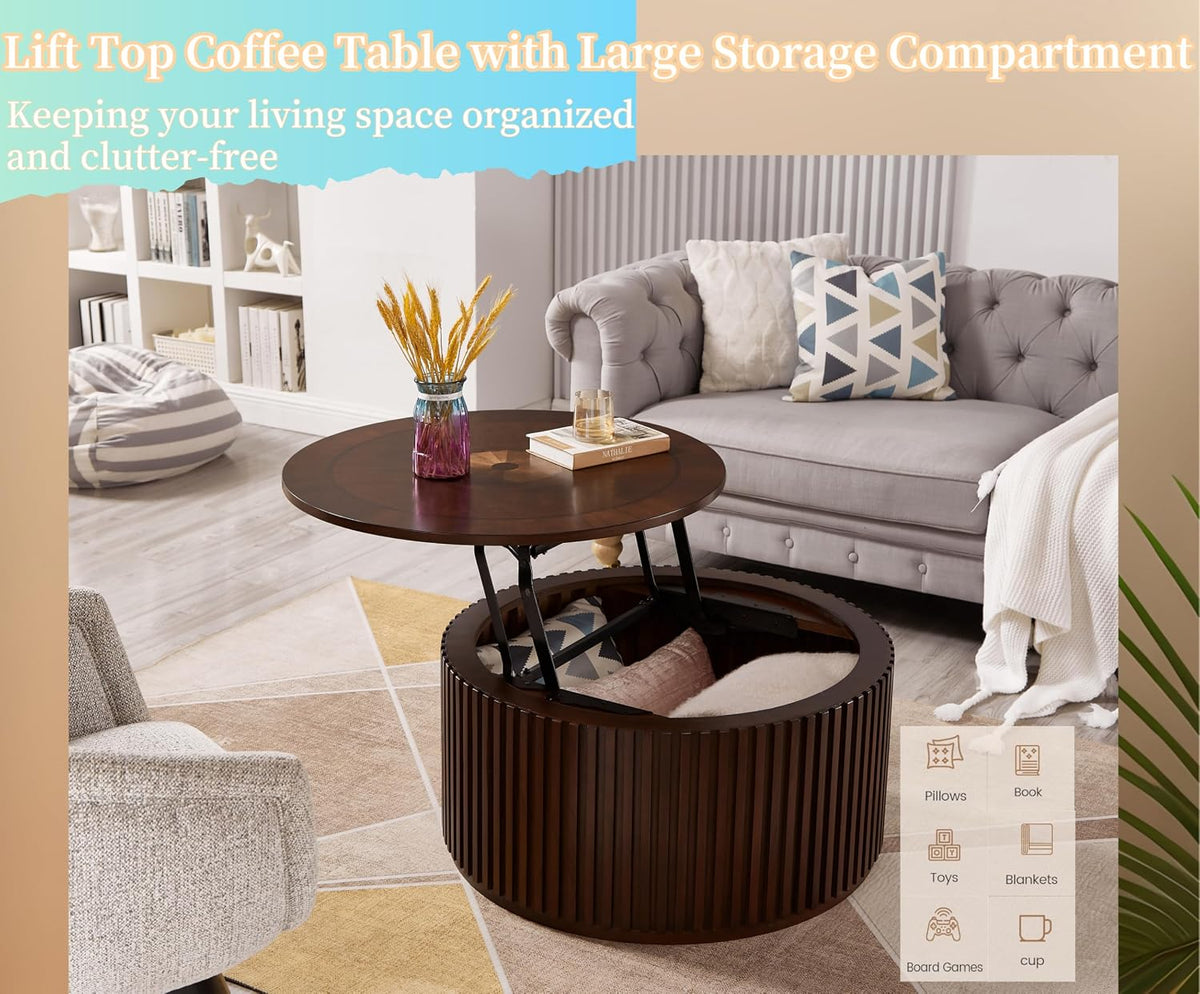Round Lift Top Coffee Table with Storage, Wood Circle Center Table No Assembly Required with Large Hidden Compartment, Modern Drum Coffee Table for Living Room, Office (31'x31'x16')