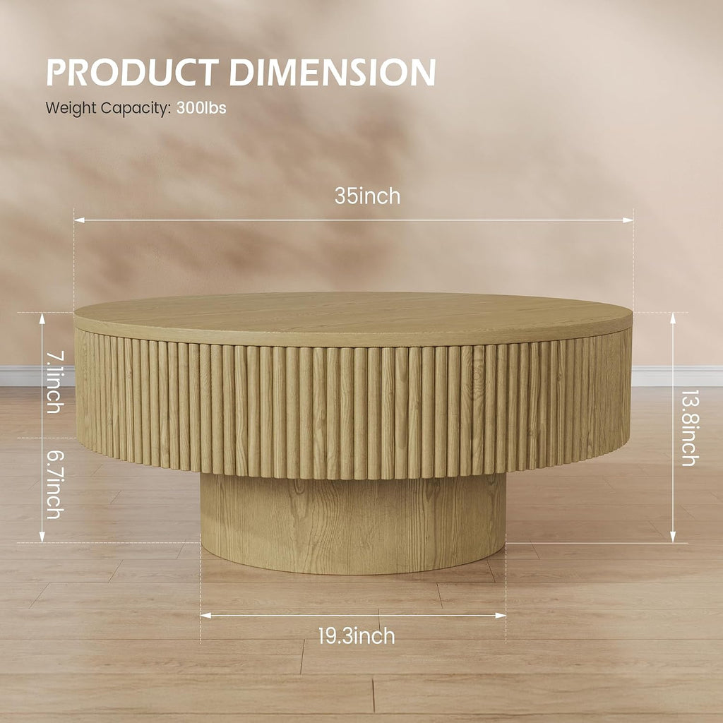 YOUDENOVA 35' Round Fluted Coffee Table, Modern Wood Circle Coffee Table, Veneer Handcrafted Relief Tea Table with Sturdy Pedestal for Living Room, Easy Assembly - Natural