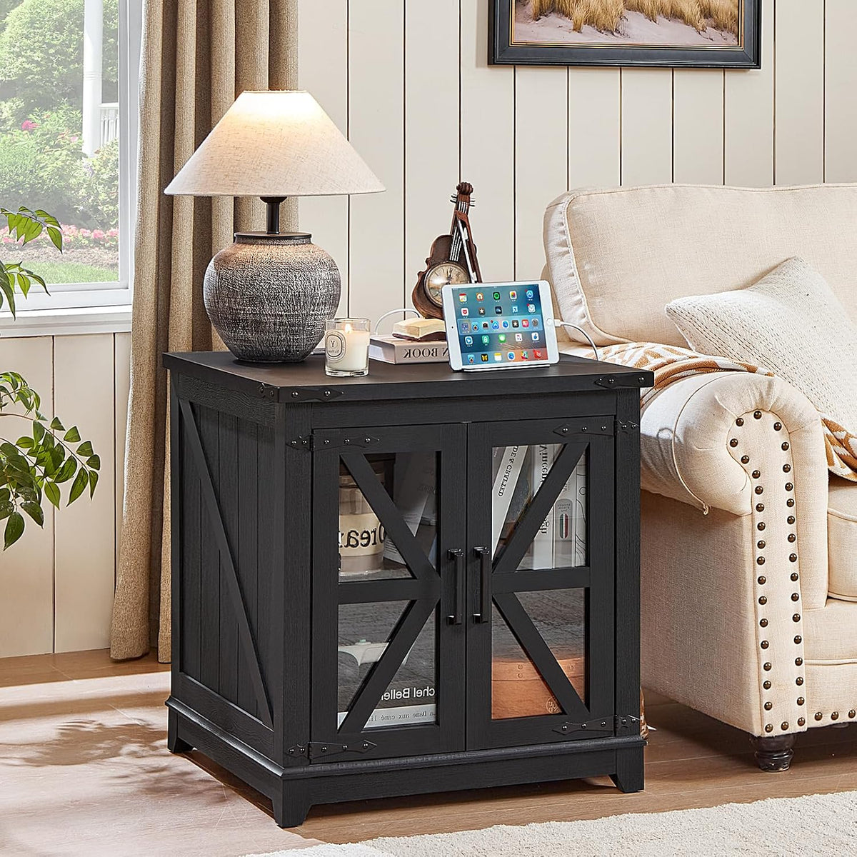 Joaxswe Farmhouse End Table with Charging Station Set 2, 24' Large Sofa Side Table with Glass Barn Door, Nightstand with Adjustable Storage Shelf,Wood Square Bedside Table for Living Room,Bedroom