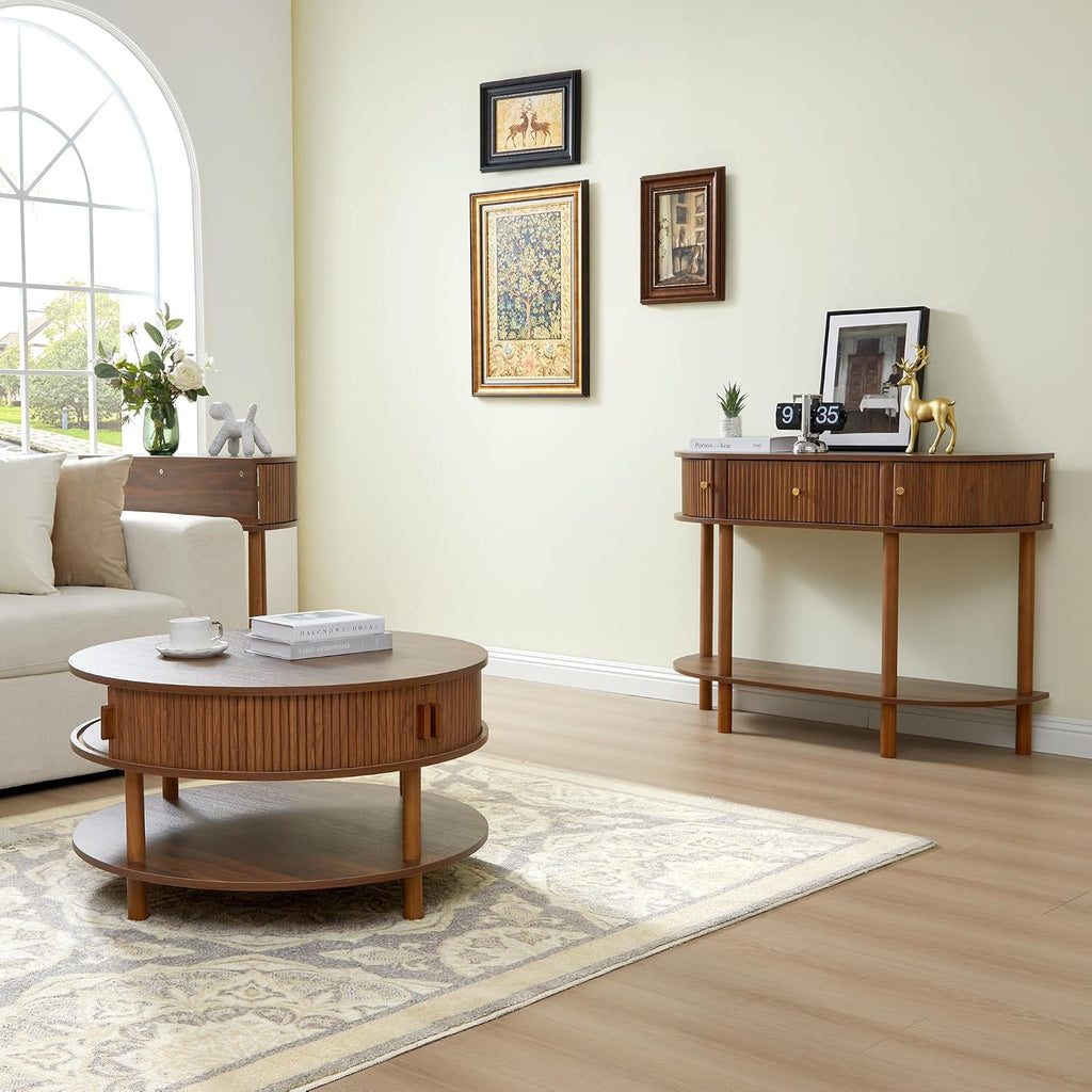 XUZENEST 31.5' Round Coffee Table with Storage, Mid Century Modern 2 Tier Coffee Table with Tambour Sliding Door, Solid Wood Legs Fluted Center Table for Living Room Home Office Small Space, Walnut