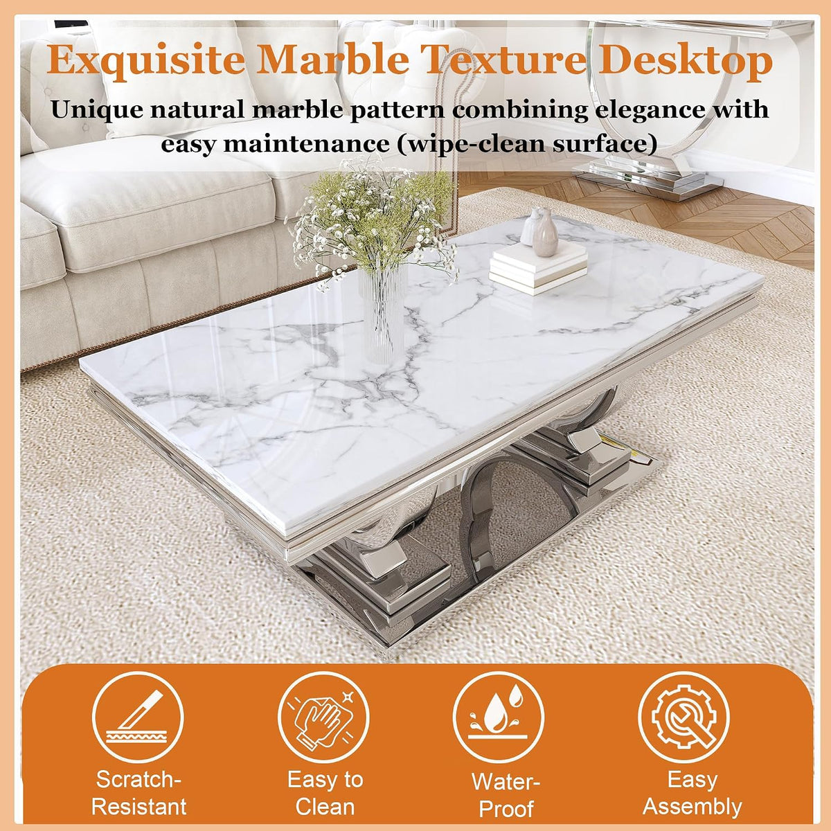 Luxury Marble Coffee Table, 47' Rectangle Coffee Table with Faux Marble Tabletop & Silver Stainless Steel Base, Modern Center Table for Living Room, Office