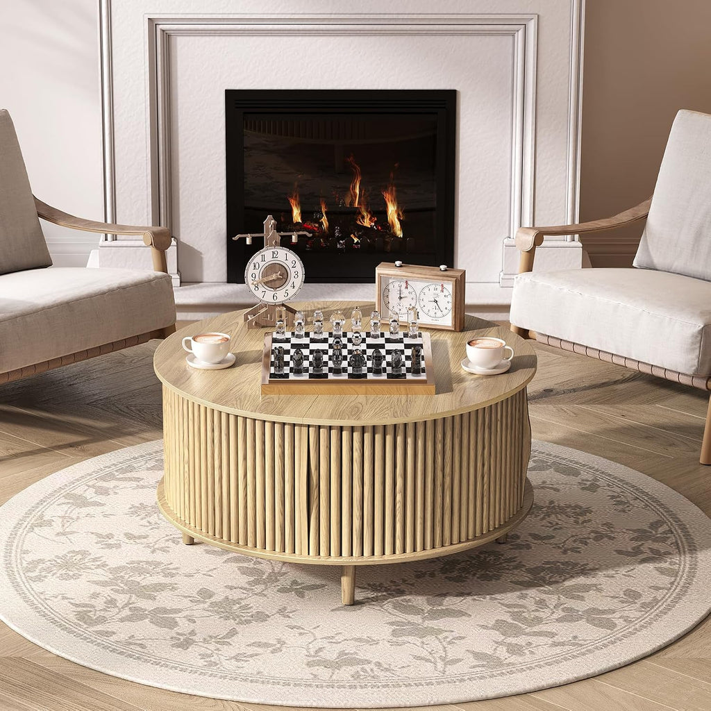 Jiansu furni Round Coffee Table with Storage, 31.5' Natural Oak Drum Table for Small Space, Fluted Wood Center Table with Hidden Compartment, Modern Farmhouse Furniture for Living Room Organization