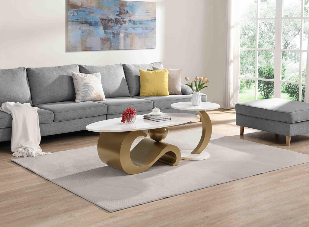 Nesting Coffee Table Set of 2,Round/Oval Coffee Table Wood/Marble Grain Top with Adjustable Non-Slip Feet, Industrial End Table Side Tables for Living Room Bedroom
