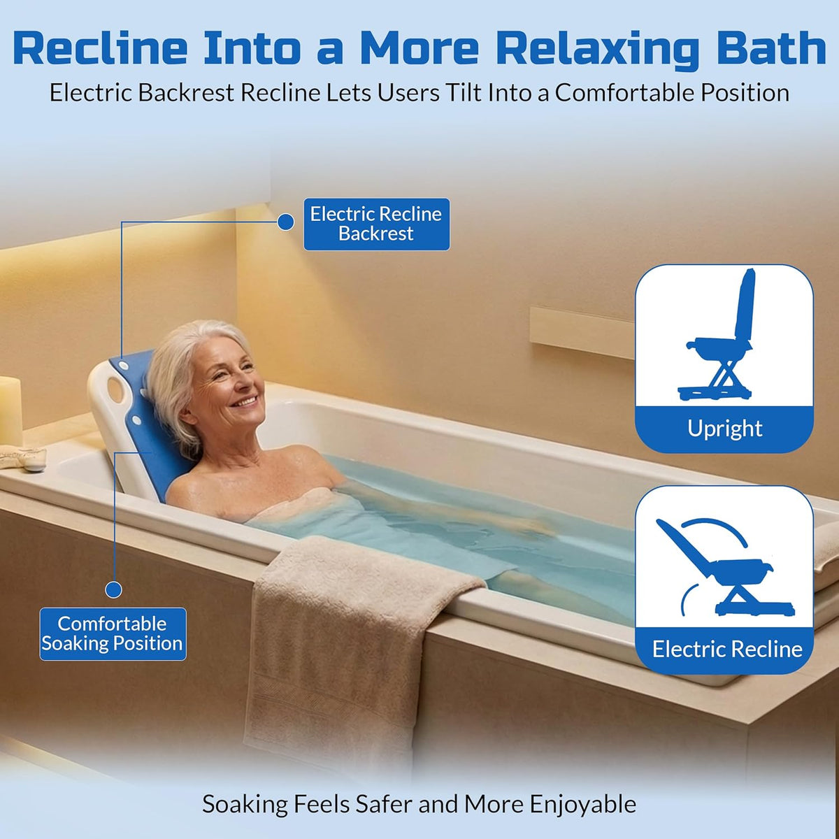 Platinum Health Tranquilo Premium Electric Bath Lift with Padded, SAFESWIVEL Rotating SEAT and Electric Recline. 300lb. Lifting Capacity and Extra High Lifting Range up to 21.5 inches.