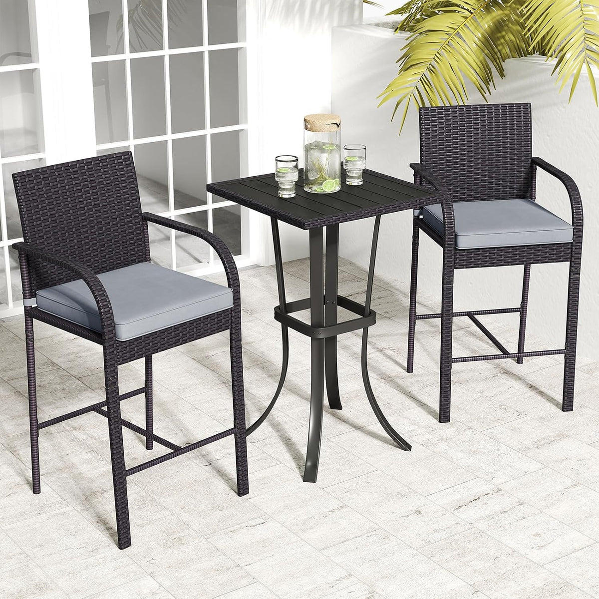 Tangkula 3 Piece Patio Wicker Bar Set, Outdoor Rattan Counter Height Cushioned Chairs & Square Table with Heavy-Duty Metal Frame, for Balcony, Backyard, Poolside