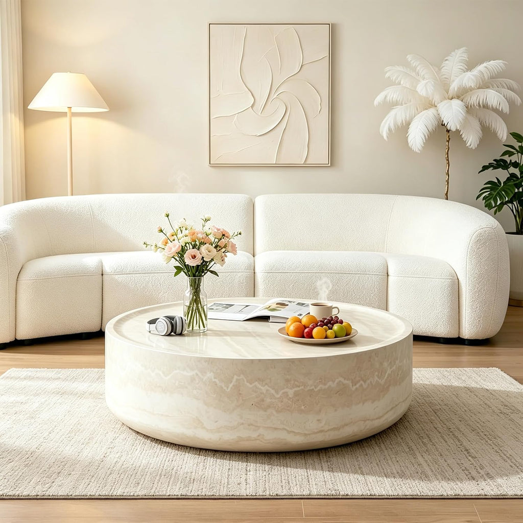 31.5' Modern Round Coffee Table, Faux Marble Table,Drum Center Table,Mars Texture,Accent Coffee Table for Living Room,Office,Appartment,No Accembly.