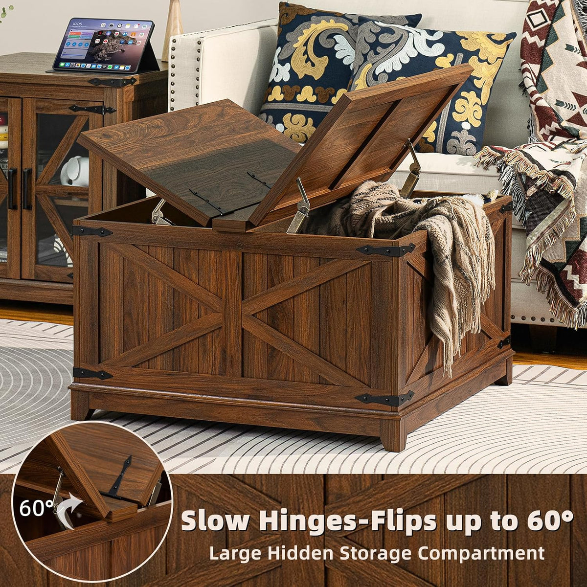 Joaxswe Farmhouse Coffee Table Sets 3 Pieces, Narrow Night Stand with Glass Barn Door Storage, Large Coffee Tables with Hidden Storage Organizer, Wood Furniture Sets for Living Room, Office, Brown