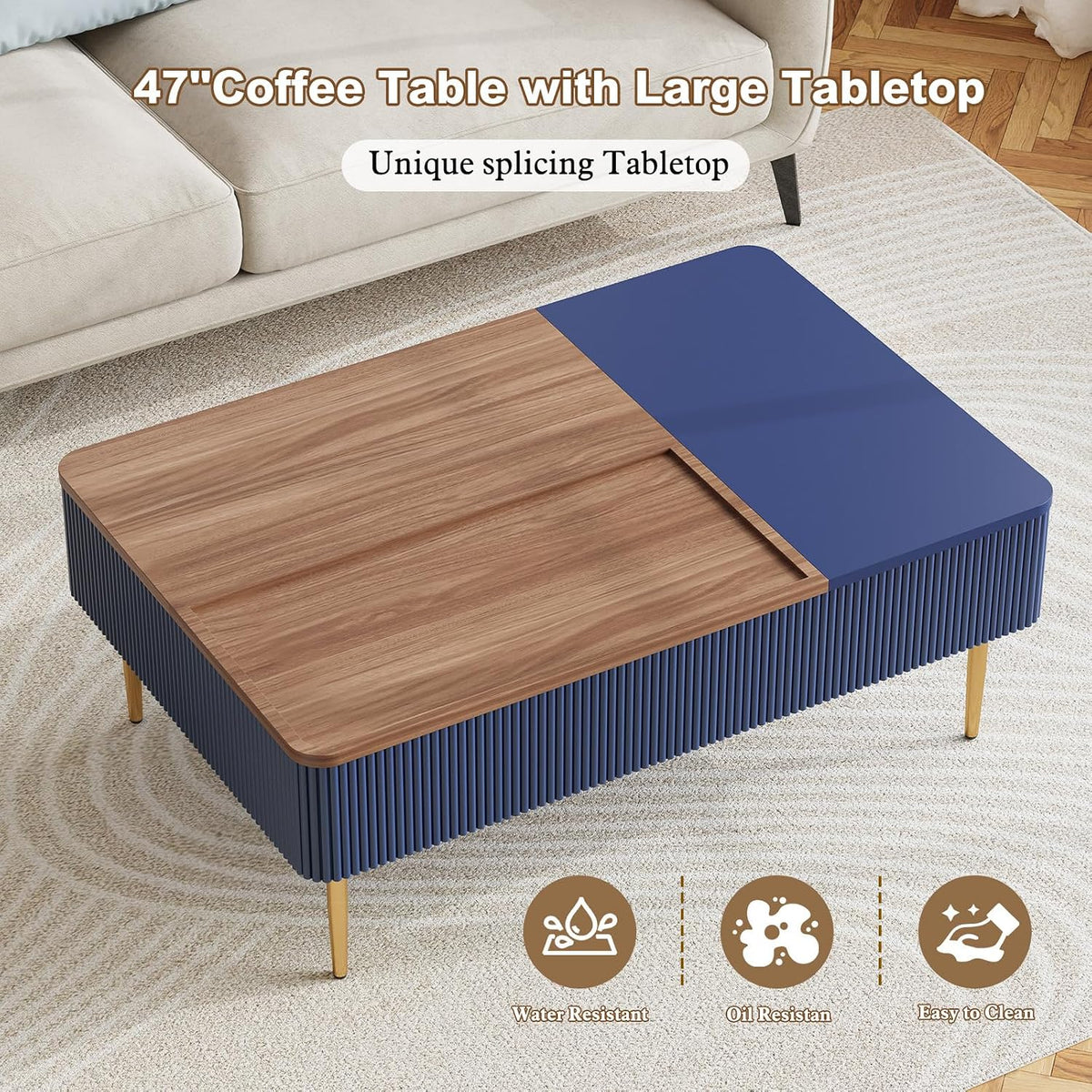 HLR 47' Dual Lift Top Coffee Table with Storage, Modern Wood Fluted Coffee Table with Hidden Compartment,Lift Tabletop Dining Center Table for Living Room, Office, Blue